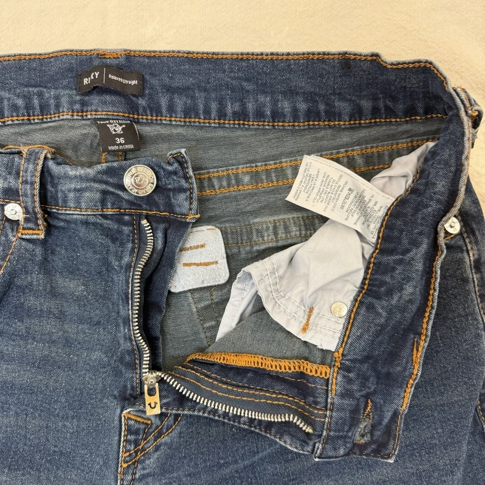 True Religion Ricky Relaxed Straight Jeans Mens 36x32 Blue Flap Stretch Denim